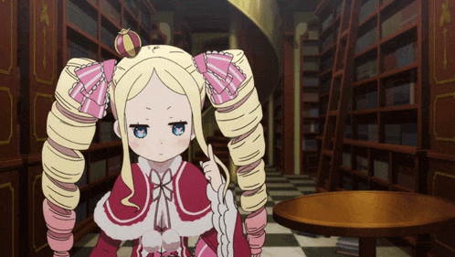 a girl with blonde hair and blue eyes is standing in a library