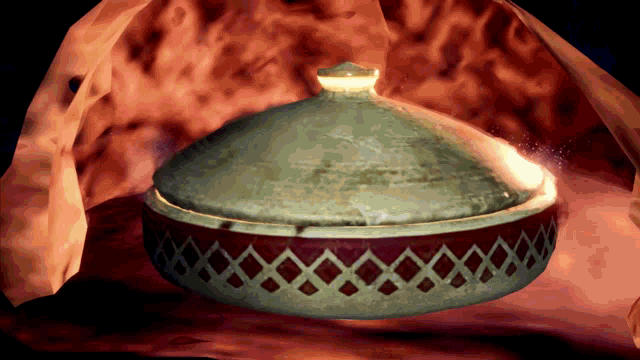 a computer generated image of a bowl with a lid in front of flames