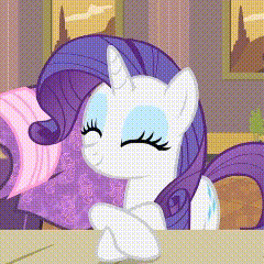 a cartoon pony with a purple mane and tail is sitting at a table .