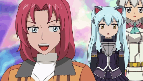 a girl with red hair is smiling while a girl with blue hair is looking surprised