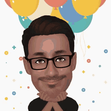 a caricature of a man with glasses and balloons behind him
