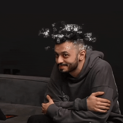 a man with mathematical equations coming out of his head including a + b = c