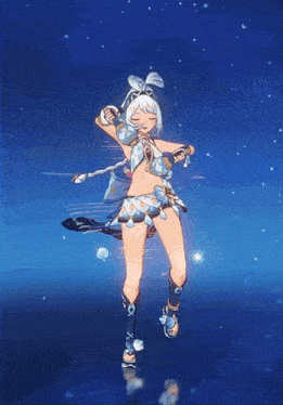 a girl in a bikini is dancing in front of a blue background