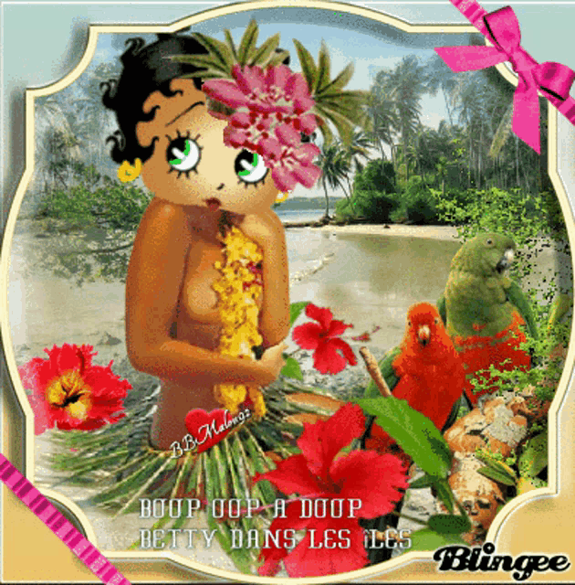 a picture of betty boop on a beach with flowers and birds