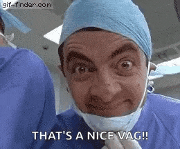 mr bean is making a funny face while wearing a surgical mask and a surgical cap .