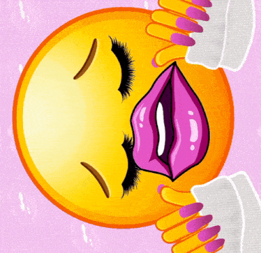 a cartoon smiley face with pink lips and nails on a pink background