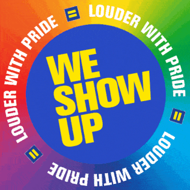 a blue circle with the words " we show up " inside of it