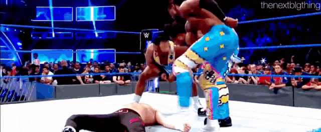 a group of wrestlers are wrestling in a wrestling ring .