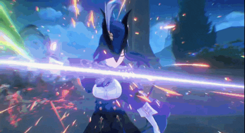 a video game character with purple hair is holding a sword in her hand .