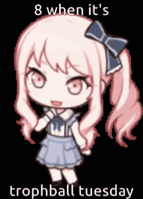a pixel art of a girl with the words 8 when it 's trophyball tuesday below her