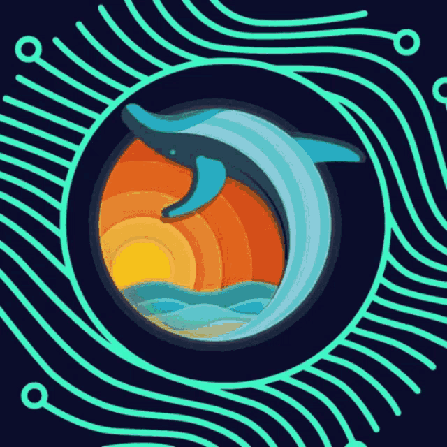 a whale is jumping out of the ocean in a neon circle