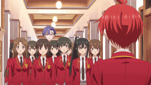 a group of anime characters standing in a hallway