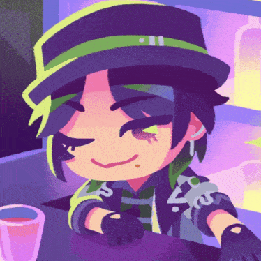 a cartoon drawing of a person with green hair and a hat