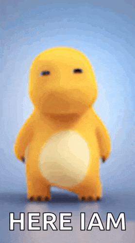a yellow stuffed animal with the words here iam written on it