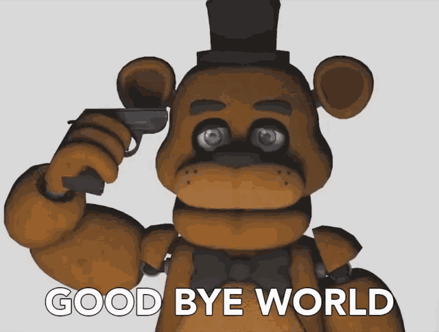 a brown teddy bear holding a gun with the words good bye world written below it