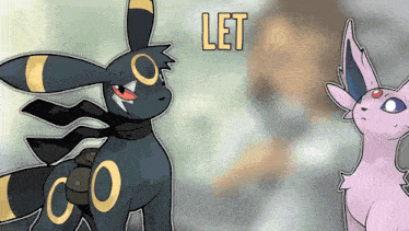 a cartoon drawing of a black and a purple pokemon with the word let in the corner