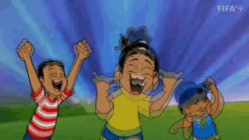 a cartoon of three children playing soccer with the word fifa on the bottom