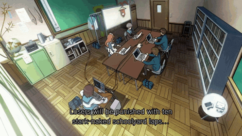 a group of people are sitting around a table with laptops and the words losers will be punished with ten