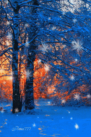 a snowy forest with trees covered in snow and snowflakes falling from the trees