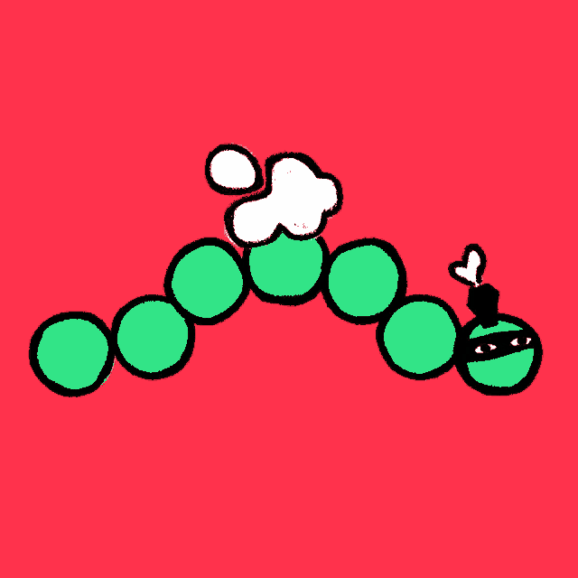 green circles on a red background with a white thought bubble above them