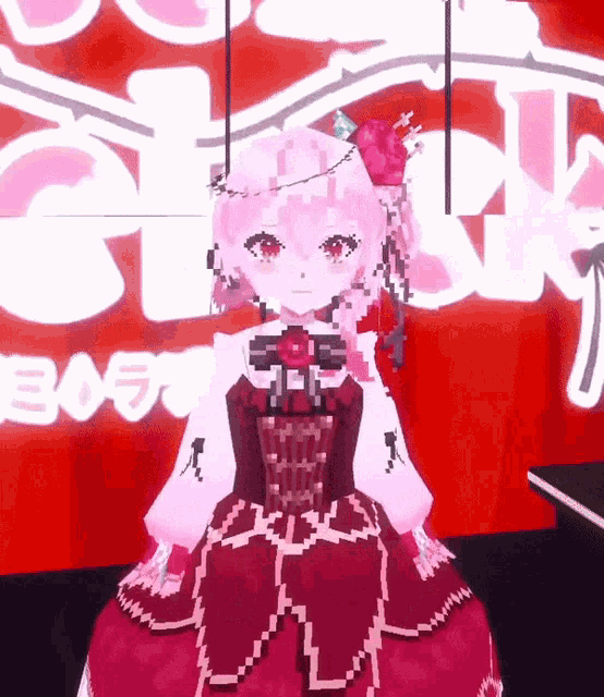 a cartoon girl in a red dress is standing in front of a sign that says ' love ' on it