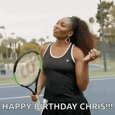 a woman is holding a tennis racquet on a tennis court and says happy birthday chris .