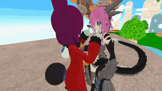 a couple of cartoon characters standing next to each other one of which is purple