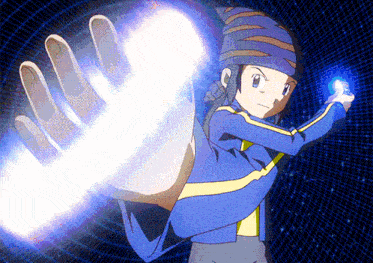 a boy in a blue jacket is holding a light in his hand