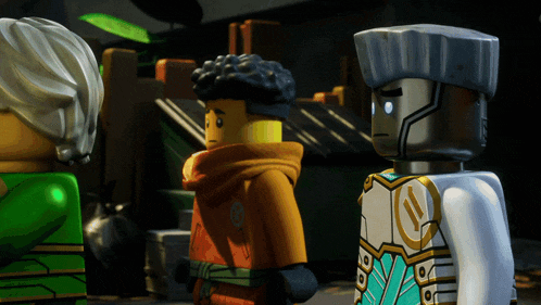 a group of lego figures are standing next to each other and one of them has the number 10 on his chest