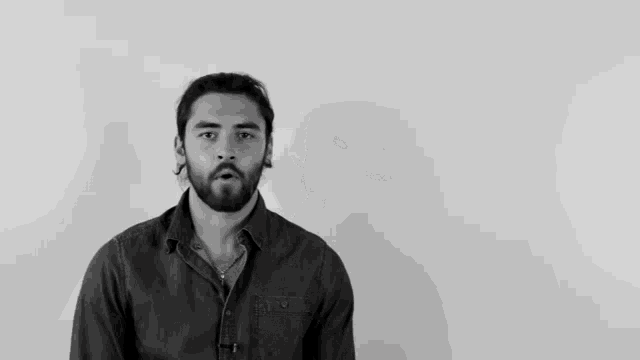 a man with a beard is wearing a denim shirt and looking at the camera .