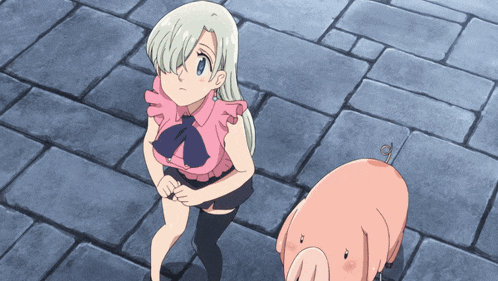 a girl and a pig are standing on a brick floor