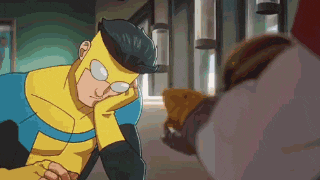 a cartoon of a man in a yellow and blue superhero costume with glasses resting his head on his hand .