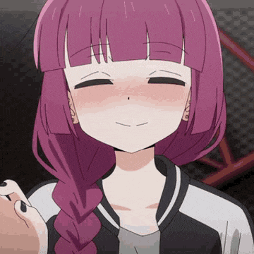 a close up of a girl with pink hair and a braid .