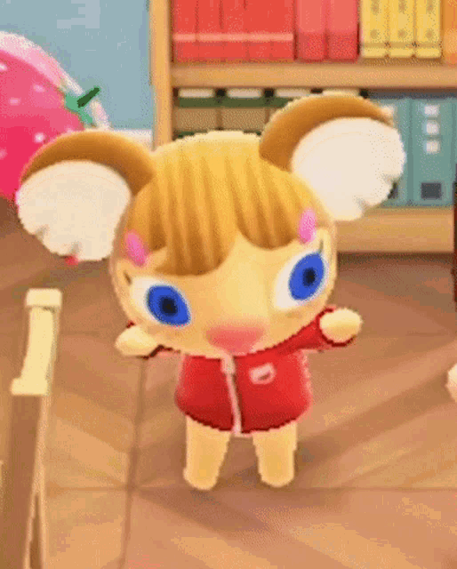 a cartoon mouse with blue eyes and a red jacket is standing in a room .