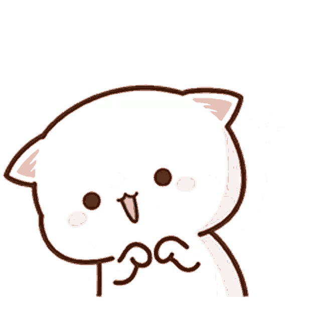 a cartoon of a white cat with a pink ear and a smiley face .