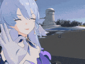 a girl with purple hair and white gloves is smiling in front of a plane