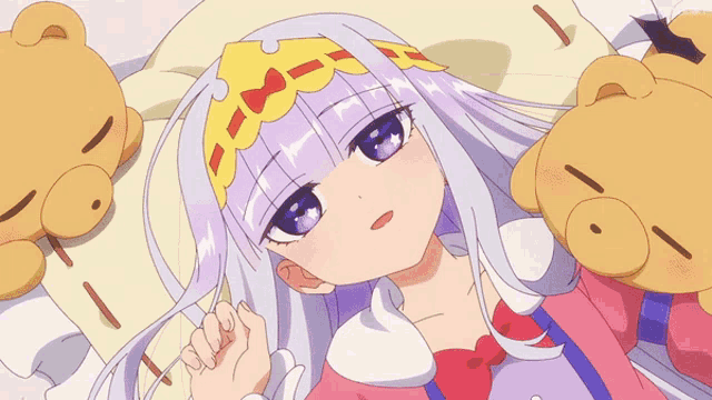 a girl with a crown on her head is laying on a bed next to two teddy bears