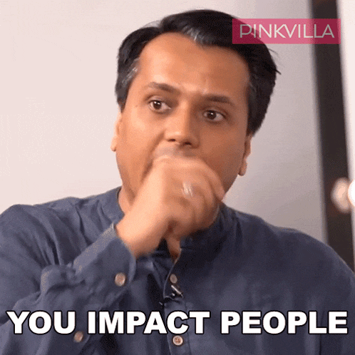 a man covering his mouth with his hand and the words you impact people above him