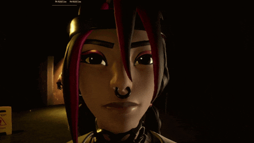 a woman with red hair and a nose ring stands in front of a caution sign