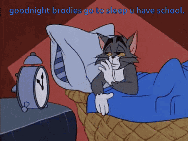 a cartoon of tom laying in bed with the words goodnight brodies go to sleep u have school above him