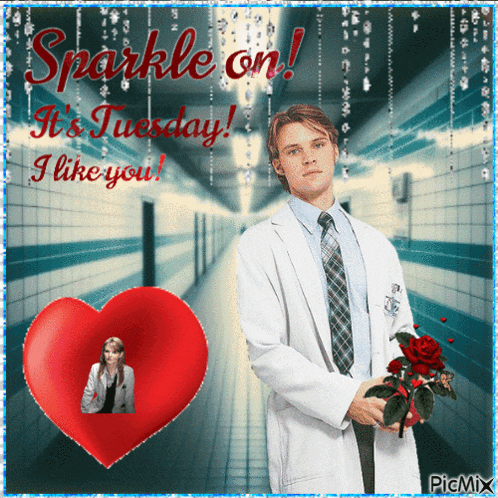 a man in a lab coat is holding a rose in front of a red heart that says sparkle on