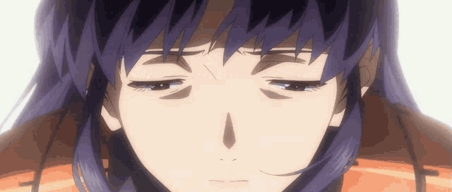 a close up of a girl with purple hair