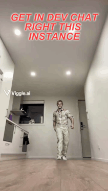 a man is walking in a hallway with the words get in dev chat right this instance above him