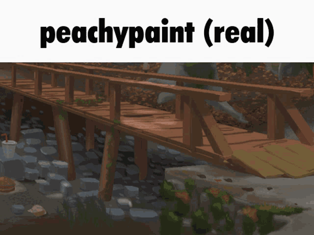 a picture of a wooden bridge with the words " peachypaint ( real ) " below it