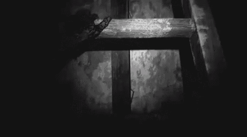 a black and white photo of a person standing on a ladder in the dark .