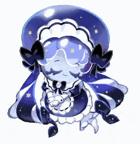 a cartoon drawing of a girl wearing a blue and white dress and hat .