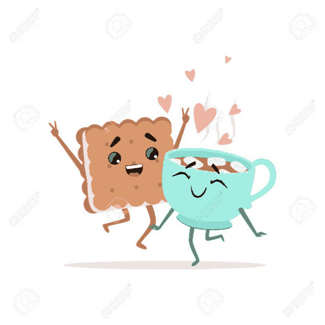 a cartoon illustration of a cookie and a cup of hot chocolate with marshmallows .