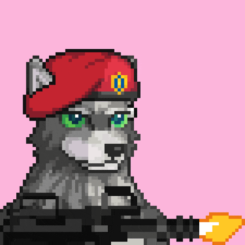 a pixel art drawing of a husky wearing a red beret and holding a gun