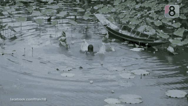 a boat is floating in a pond with the number 8 on the bottom