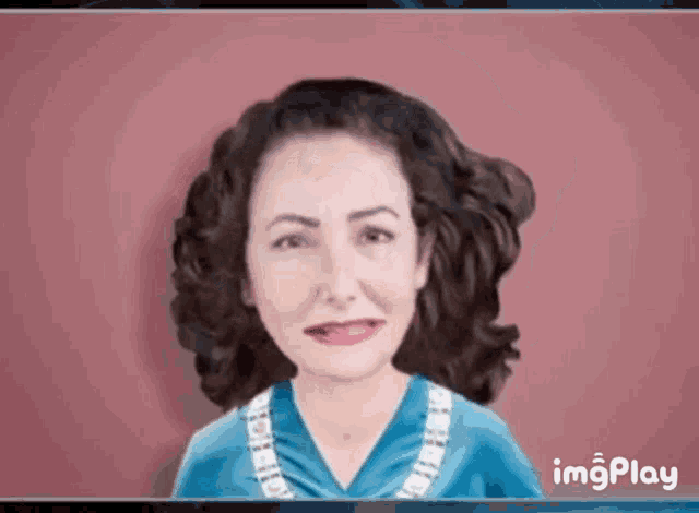 a cartoon of a woman with a blue shirt and a necklace with the words imgplay on the bottom